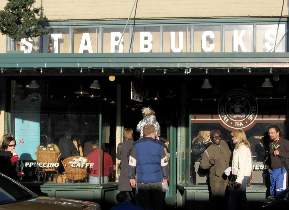 The original Starbucks storefront at Pike Place Market in Seattle